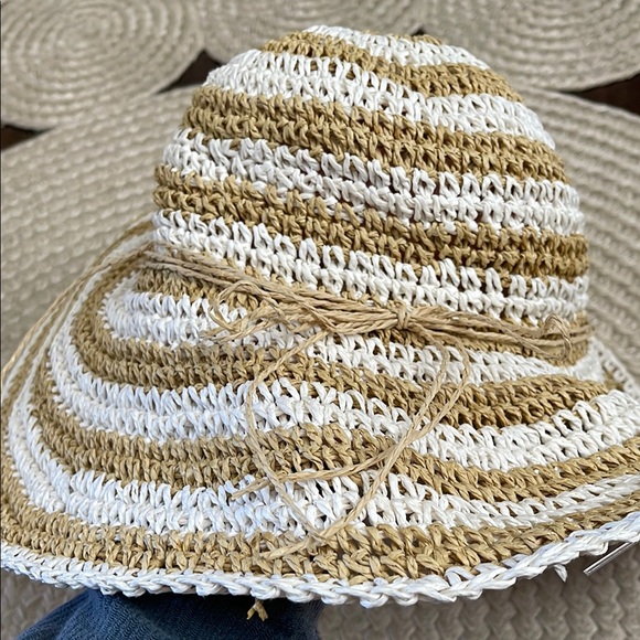 Tan and White Striped Sun Hat with Wide Brim - Picture 4 of 4